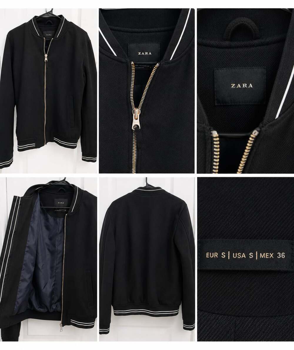 Zara Black Bomber Jacket with White Striped Rib Trim Size S
